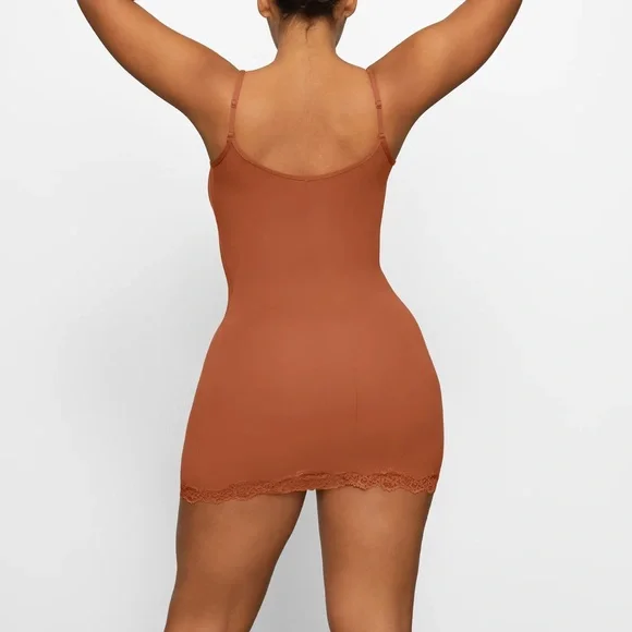 NWT SKIMS Fits Everybody Corded Lace Slip Dress In Bronze - Picture 3 of 6